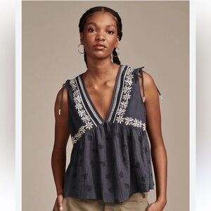 Lucky Brand  RuchedShoulder Deep V Neck Top size Large